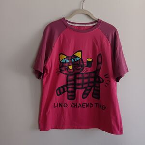 Pink Graphic Cat T-Shirt short sleeve every day casual outdoor